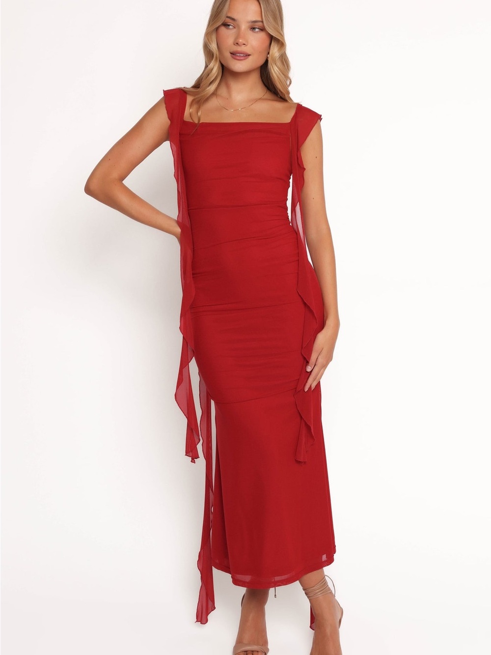 Petal & Pup Red Square-Neck Maxi Dress with Draped Panels